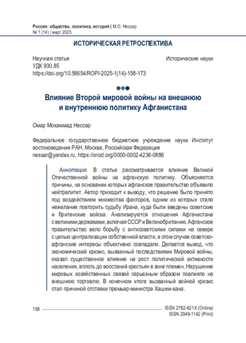 Влияние Второй мировой войны на внешнюю и внутреннюю политику Афганистана
